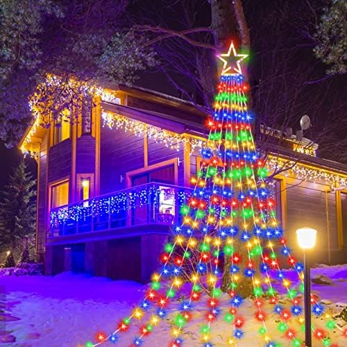 קישוטי חג המולד אורות מיתר כוכבים, 320 נוריות LED אורות עץ מפל חיצוניים עם כוכב טופר 13 , חבר אורות פיות תלויים אטומים