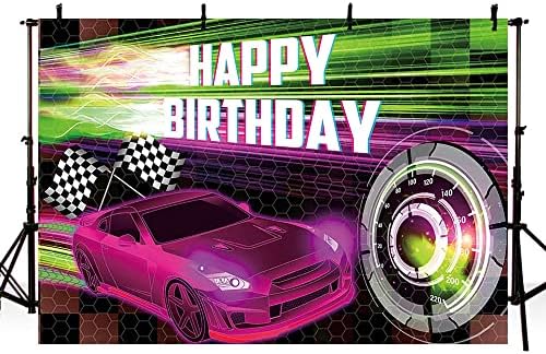 מהופונד 7 על 5 רגל מרוצי מכוניות רקע יום הולדת שמח, מסיבת מירוץ רקע תמונה לבנים, מכוניות קישוטים למסיבת רכב באנר ורוד